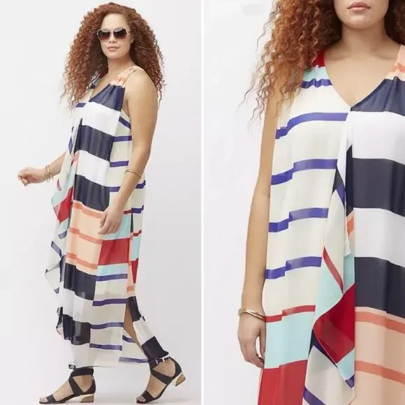 NWT Lane Bryant Cascade Striped Maxi Dress Chiffon Multicolor Cross Back Size 24 - Picture 2 of 14